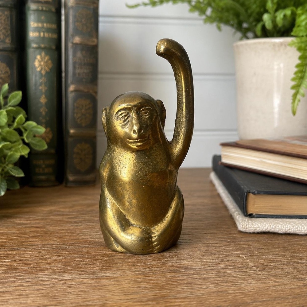 VTG Brass Monkey Bell Hand Bell Mid Century Figurine Collectible Brass Decor